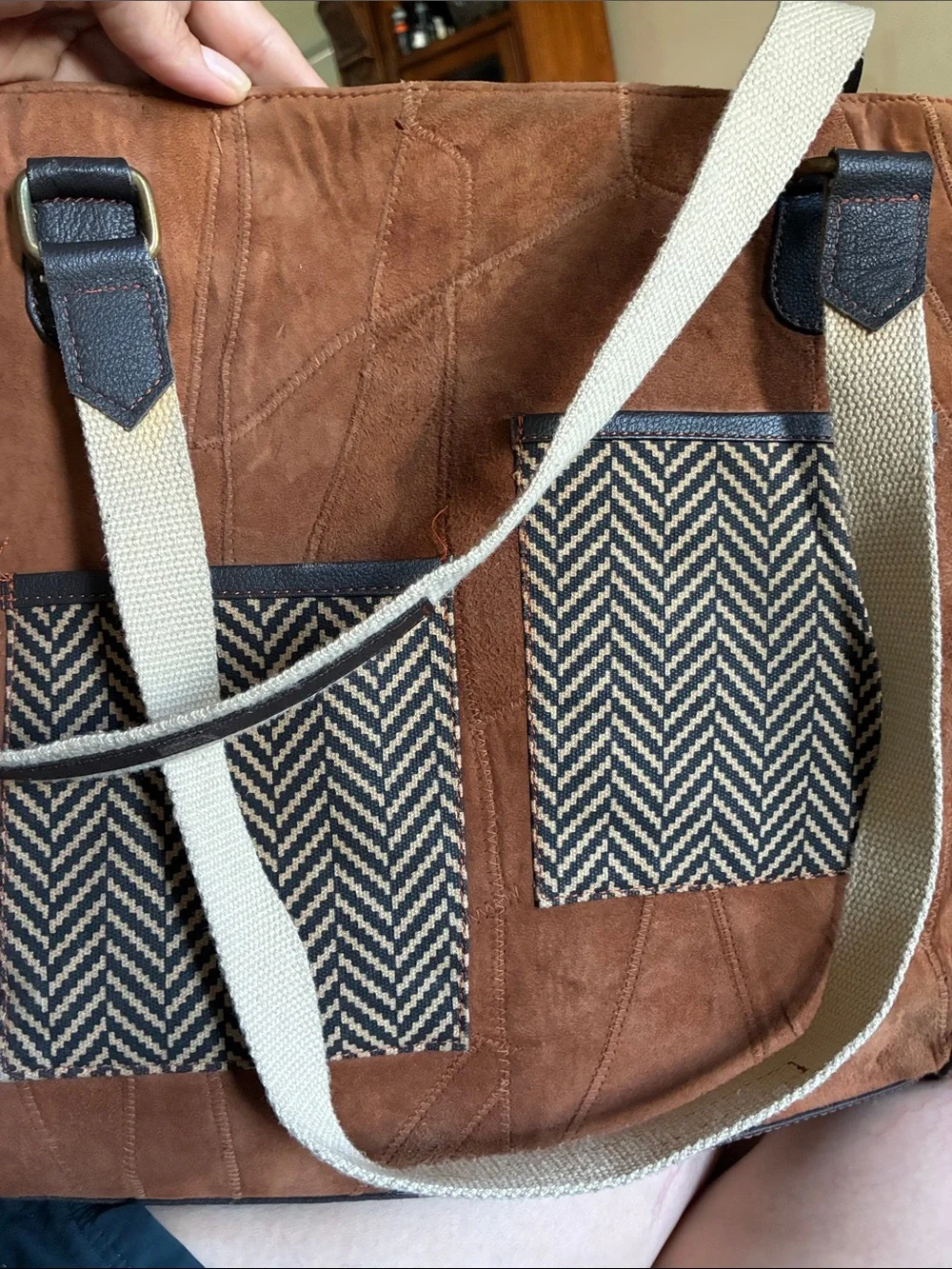 Vince Camuto Brown Suede Messenger Tote with Black Trim